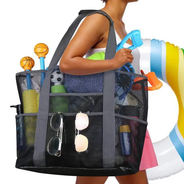 Alt view image 3 of 7 - 28"x15" Extra Large Summer Beach Mesh Bag Tote w/Zipper & 8 Pockets XL Sandproof