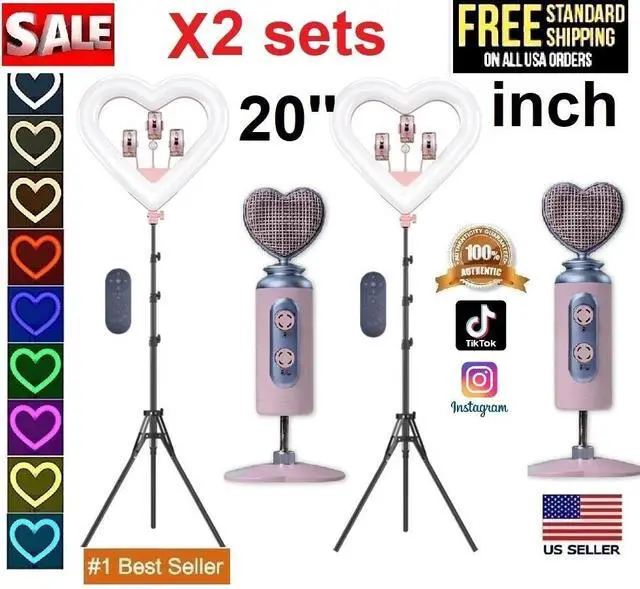 Main image of X2 sets of 20'' led Ring Light kit heart w/Stand & remote Social Media+Microphon
