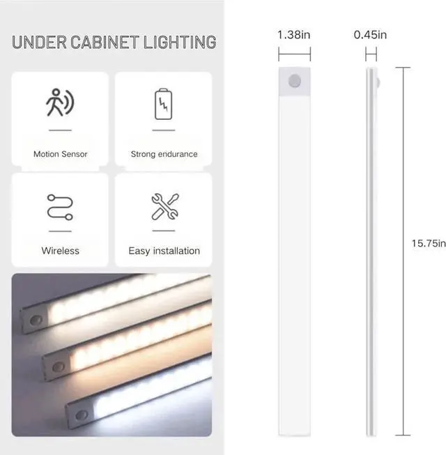 Alt view image 2 of 7 - 4-Pack LED Under Cabinet Lights, Rechargeable Motion Sensor, 3 Color Dimmable