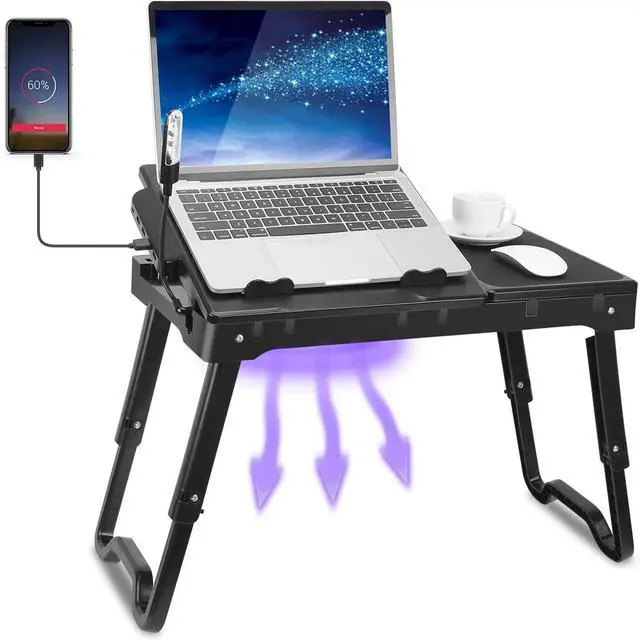 Alt view image 2 of 7 - Laptop Desk for Bed with Fan Portable Laptop Stand for Couch Foldable Legs W/LED