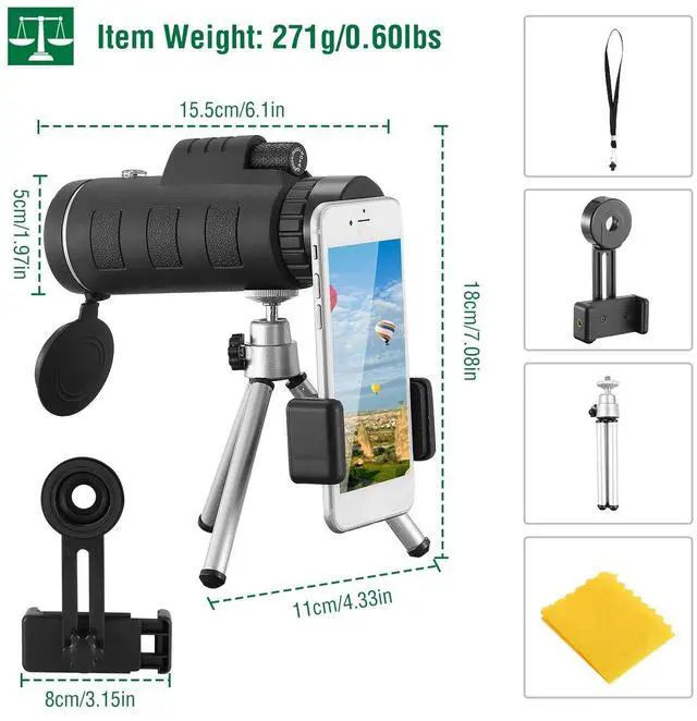 Alt view image 2 of 7 - 40x60 HD Optical Monocular Telescope Low Light Vision Scope+Tripod+Lens Cap NEW