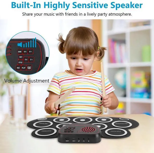 Alt view image 5 of 7 - 10 Pads Electronic Drum Set Jack Speaker Dual-Pedal Drum Kit Practice Pad Gift