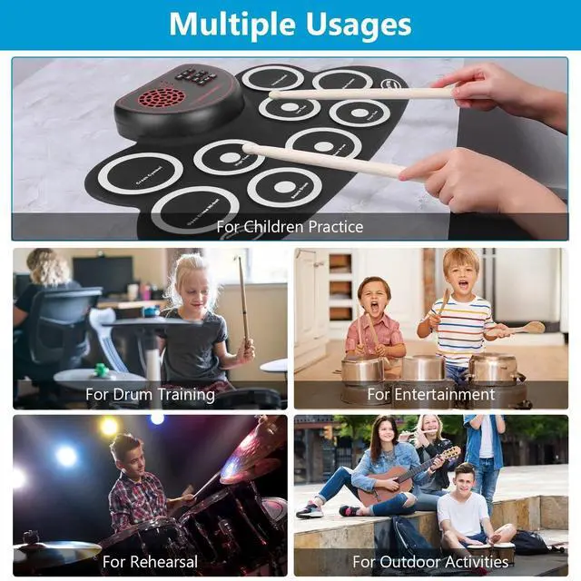 Alt view image 7 of 7 - 10 Pads Electronic Drum Set Jack Speaker Dual-Pedal Drum Kit Practice Pad Gift