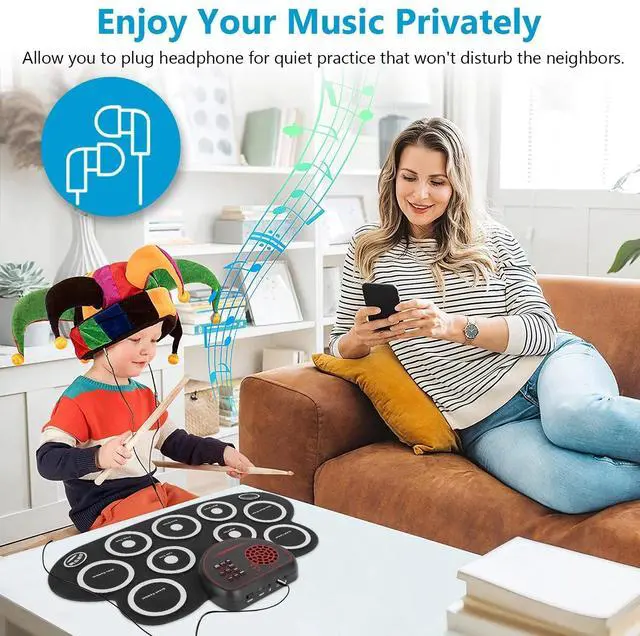 Alt view image 4 of 7 - 10 Pads Electronic Drum Set Jack Speaker Dual-Pedal Drum Kit Practice Pad Gift