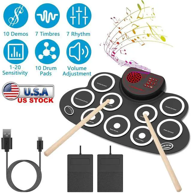 Alt view image 2 of 7 - 10 Pads Electronic Drum Set Jack Speaker Dual-Pedal Drum Kit Practice Pad Gift