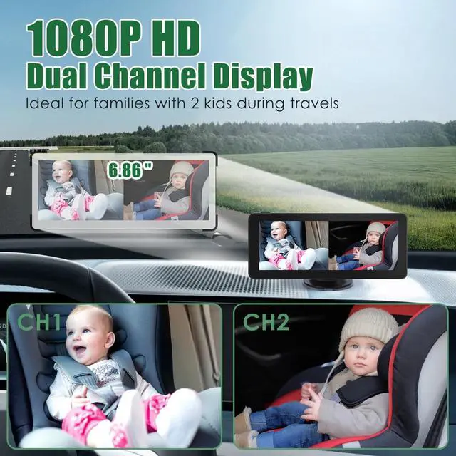 Alt view image 4 of 7 - 1080P HD Split Screen Display Monitor Baby Car Camera Night Vision for 2 Kids