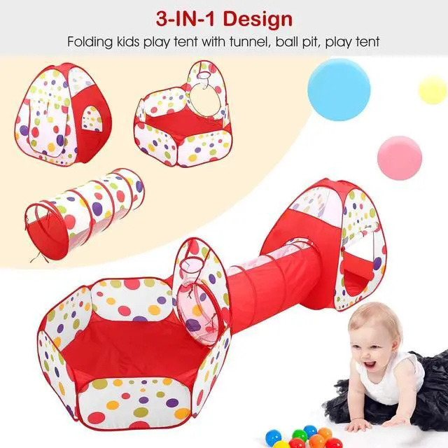 Alt view image 2 of 7 - 3-in-1 Kids Play Tents Crawl Tunnels & Ball Pit Playhouse Tent Indoor/Outdoor