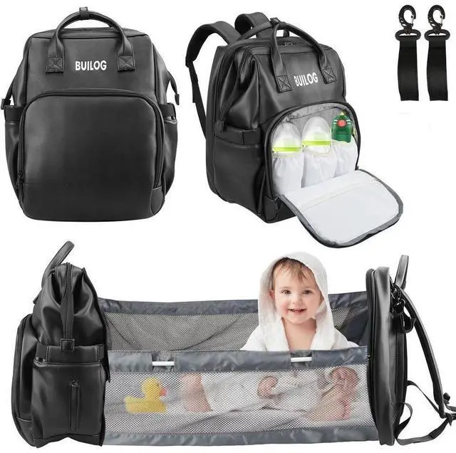Main image of DiaperBag Backpack Leather Baby Bag with Changing Station Portable Baby Bed