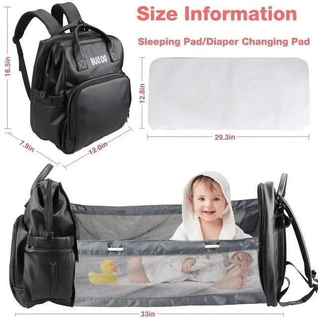 Alt view image 5 of 7 - DiaperBag Backpack Leather Baby Bag with Changing Station Portable Baby Bed