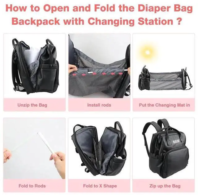 Alt view image 3 of 7 - DiaperBag Backpack Leather Baby Bag with Changing Station Portable Baby Bed