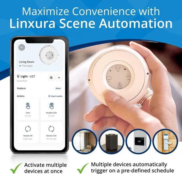 Alt view image 5 of 7 - Linxura Smart Home Controller - Wireless Smart Controller for Smart Devices - Compatible with Alexa & Google Home - Programmable & Customizable Buttons, E-Paper Screen, Click Wheel - Snow Pearl