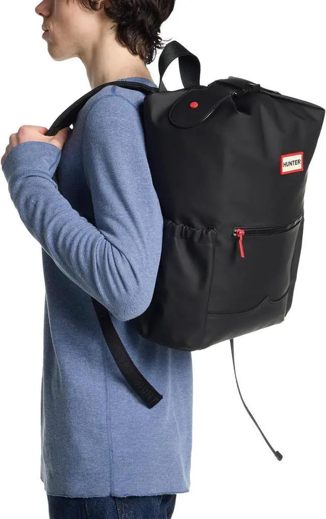 Alt view image 5 of 6 - Hunter Top Clip Waterproof Backpack, Smooth Black Large Roll Top Laptop Travel Backpack