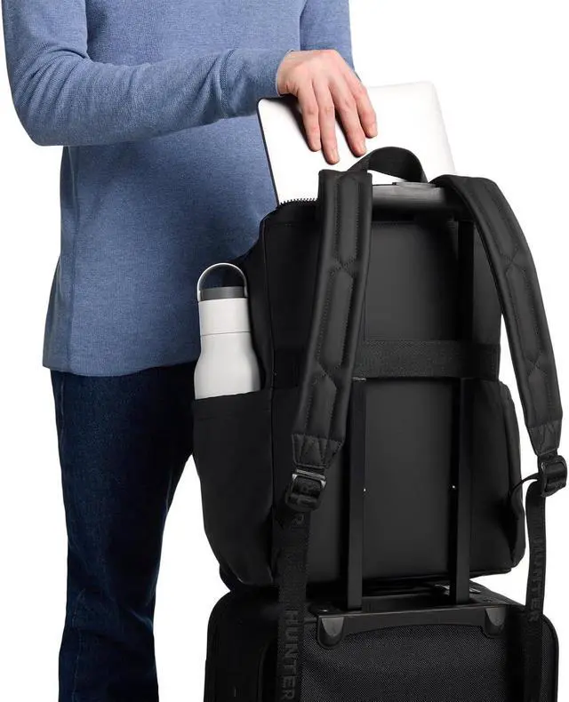 Alt view image 6 of 6 - Hunter Top Clip Waterproof Backpack, Smooth Black Large Roll Top Laptop Travel Backpack