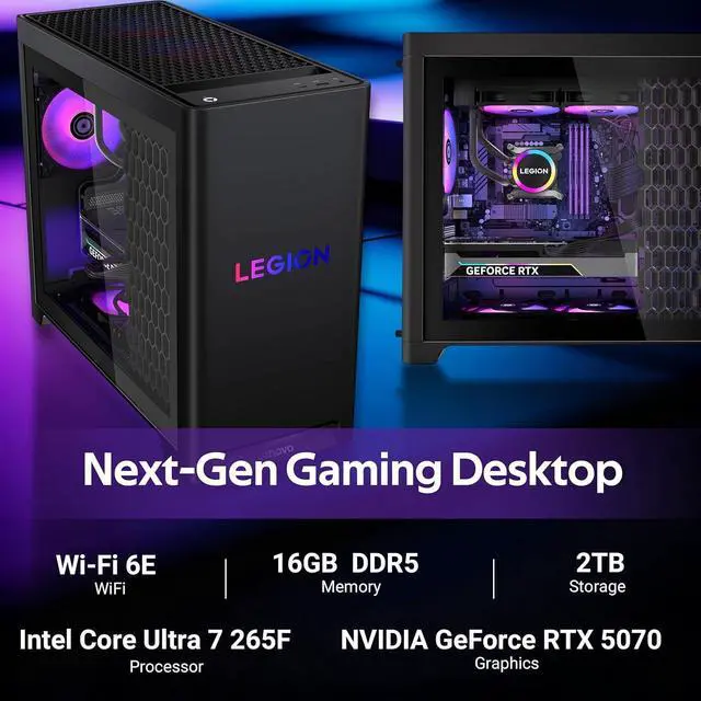 Alt view image 3 of 7 - Lenovo Legion Tower 5i Gaming Desktop PC Intel Ultra 7 265F, GeForce RTX 5070 12GB, 16GB DDR5, 1TB PCIe SSD, WiFi 6E, RGB Cooling, Windows 11 Pro