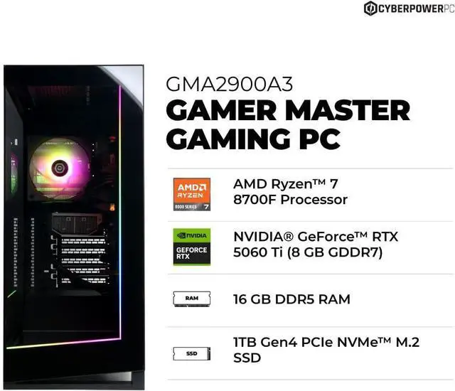 Alt view image 2 of 7 - CyberPowerPC Gamer Master Gaming Desktop PC AMD Ryzen 7 8700F, GeForce RTX 5060 Ti 8GB, 16GB DDR5, 1TB PCIe SSD, WiFi, Windows 11 Home
