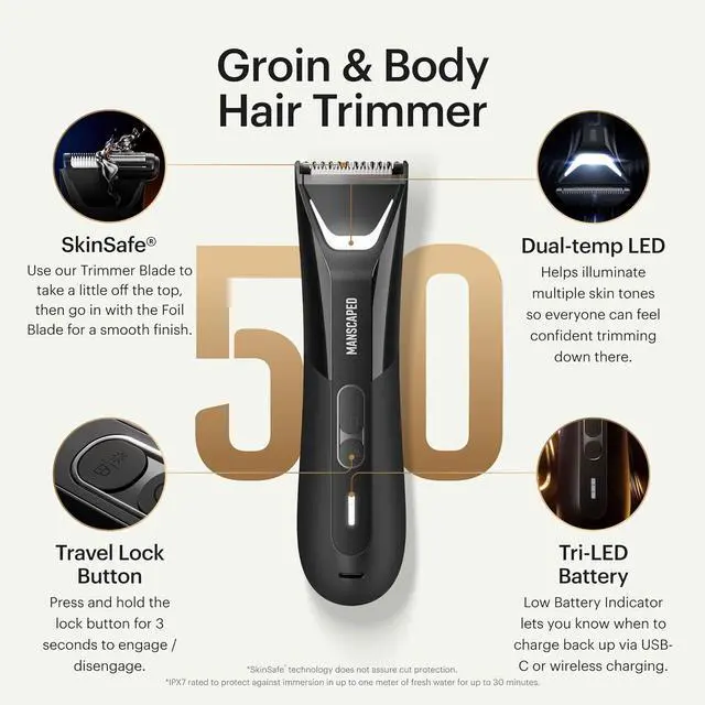 Alt view image 2 of 7 - MANSCAPED The Lawn Mower 5.0 Ultra Groin & Body Hair Trimmer for Men Waterproof USB-C Rechargeable Dual SkinSafe Blade System with LED Light Travel Pouch Tuxedo Black