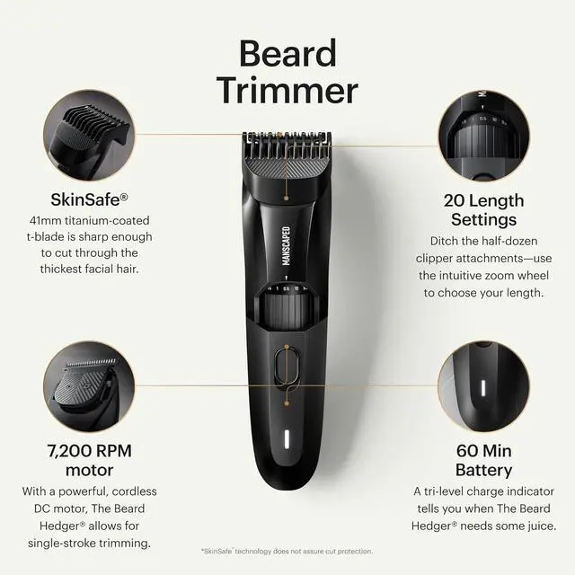 Alt view image 2 of 7 - MANSCAPED The Beard Hedger Premium Beard Trimmer for Men Cordless Waterproof Beard Trimmer with 20 Length Settings Titanium Coated T Blade USB-C Rechargeable Black
