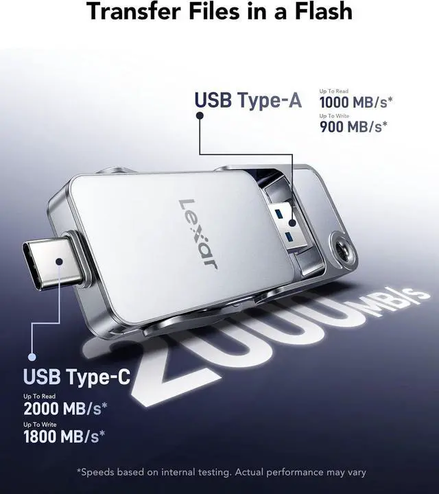 Alt view image 3 of 7 - Lexar D70E 512GB Dual Drive External Portable SSD USB 3.2 Gen 2 USB-C USB-A Silver
