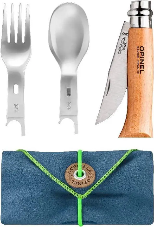 Alt view image 7 of 7 - Opinel Picnic+ Cutlery Set with No. 08 Folding Knife, Fork, Spoon & Microfiber Case
