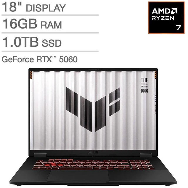 Main image of ASUS TUF 18" Gaming Laptop - AMD Ryzen 7 260 - GeForce RTX 5060, FHD+ 144Hz/3ms Display - 16GB RAM, 1TB SSD, Windows 11 Home