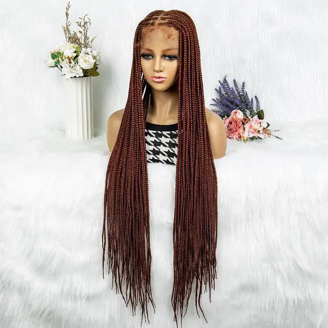 Alt view image 6 of 7 - Synthetic Transparent HD Full Lace Braided Wigs For Black Women Crochet Braid Braiding Hair Knotless Box Cornrow Braids Wigs 36 inches  Ginger Color