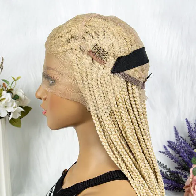 Alt view image 5 of 7 - Synthetic Transparent HD Full Lace Braided Wigs For Black Women Crochet Braid Braiding Hair Knotless Box Cornrow Braids Wigs 36 inches  Ginger Color Gold