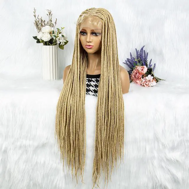 Alt view image 6 of 7 - Synthetic Transparent HD Full Lace Braided Wigs For Black Women Crochet Braid Braiding Hair Knotless Box Cornrow Braids Wigs 36 inches  Ginger Color Gold