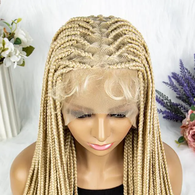 Alt view image 7 of 7 - Synthetic Transparent HD Full Lace Braided Wigs For Black Women Crochet Braid Braiding Hair Knotless Box Cornrow Braids Wigs 36 inches  Ginger Color Gold