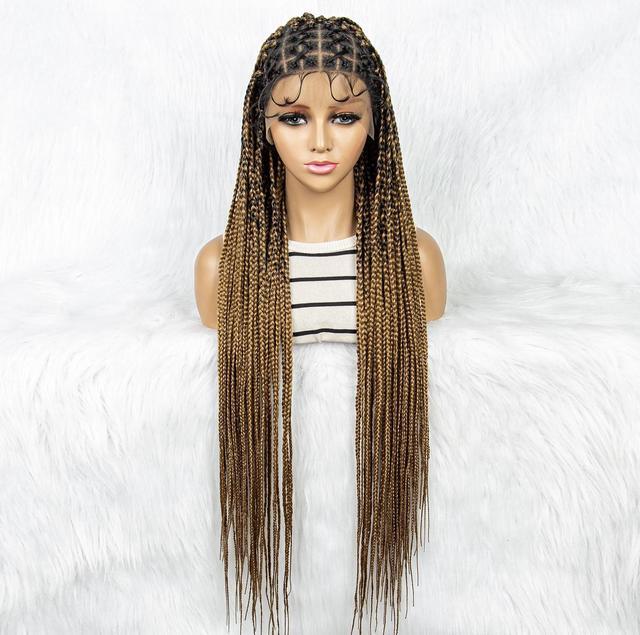 Alt view image 3 of 7 - 36 Full Lace Box Braid Lace Front Wig Super Long Criss Cross Knotless Braids Wig Ombre Synthetic Braided Wigs for  Women Gradient light brown