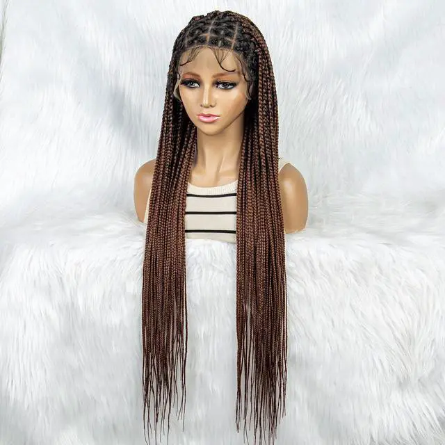 Alt view image 4 of 7 - 36 Full Lace Box Braid Lace Front Wig Super Long Criss Cross Knotless Braids Wig Ombre Synthetic Braided Wigs for  Women Gradient dark brown