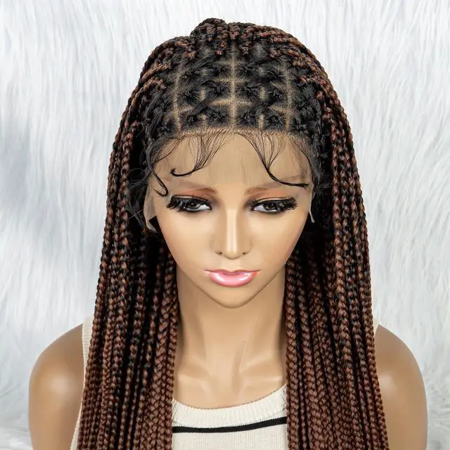 Alt view image 3 of 7 - 36 Full Lace Box Braid Lace Front Wig Super Long Criss Cross Knotless Braids Wig Ombre Synthetic Braided Wigs for  Women Gradient dark brown