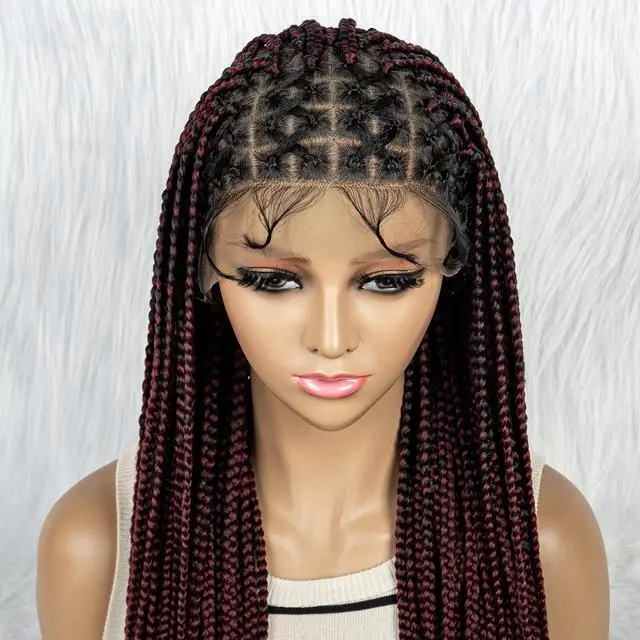 Alt view image 3 of 7 - 36 Full Lace Box Braid Lace Front Wig Super Long Criss Cross Knotless Braids Wig Ombre Synthetic Braided Wigs for  Women Gradient burgundy