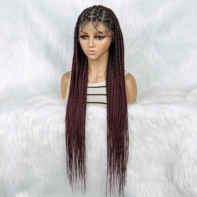 Alt view image 5 of 7 - 36 Full Lace Box Braid Lace Front Wig Super Long Criss Cross Knotless Braids Wig Ombre Synthetic Braided Wigs for  Women Gradient burgundy