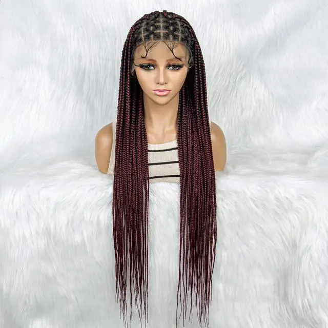 Alt view image 4 of 7 - 36 Full Lace Box Braid Lace Front Wig Super Long Criss Cross Knotless Braids Wig Ombre Synthetic Braided Wigs for  Women Gradient burgundy