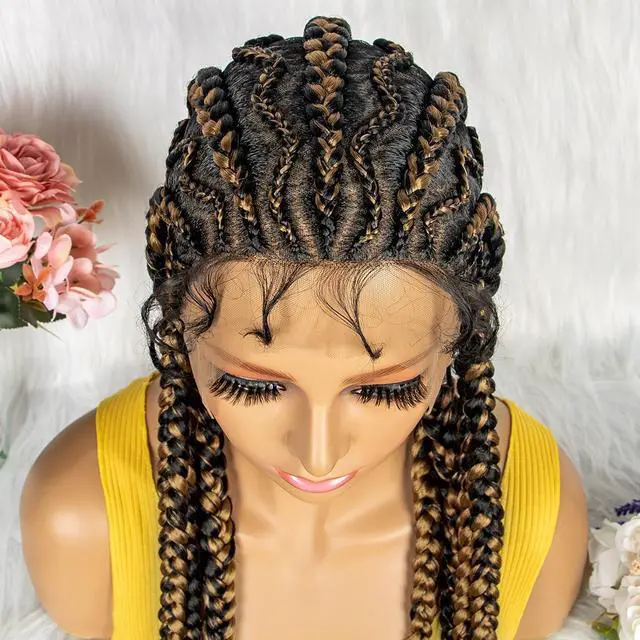 Alt view image 4 of 6 - New Style 36 Inches Synthetic Full Lace Frontal Cornrow Box Braided Wigs with Baby Hair for African Women Braiding Hair Gradient light brown