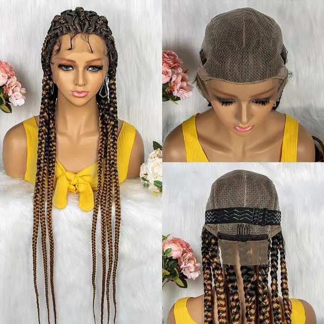 Main image of New Style 36 Inches Synthetic Full Lace Frontal Cornrow Box Braided Wigs with Baby Hair for African Women Braiding Hair Gradient light brown