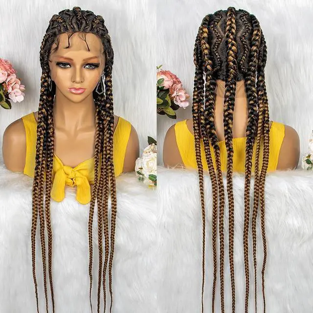 Alt view image 5 of 6 - New Style 36 Inches Synthetic Full Lace Frontal Cornrow Box Braided Wigs with Baby Hair for African Women Braiding Hair Gradient light brown