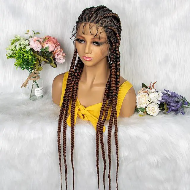 Alt view image 2 of 7 - New Style 36 Inches Synthetic Full Lace Frontal Cornrow Box Braided Wigs with Baby Hair for African Women Braiding Hair Gradient dark brown
