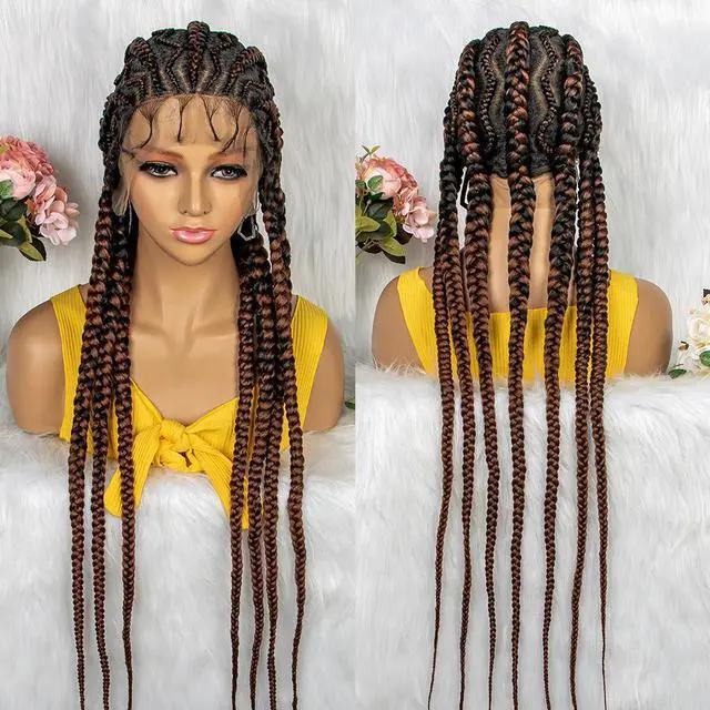 Main image of New Style 36 Inches Synthetic Full Lace Frontal Cornrow Box Braided Wigs with Baby Hair for African Women Braiding Hair Gradient dark brown