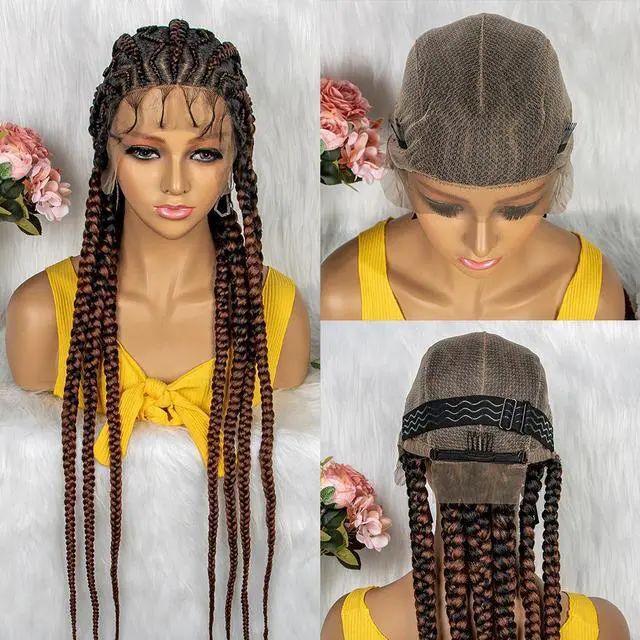 Alt view image 7 of 7 - New Style 36 Inches Synthetic Full Lace Frontal Cornrow Box Braided Wigs with Baby Hair for African Women Braiding Hair Gradient dark brown