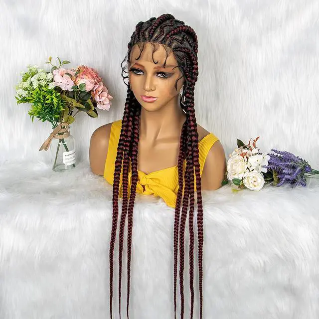 Alt view image 2 of 7 - New Style 36 Inches Synthetic Full Lace Frontal Cornrow Box Braided Wigs with Baby Hair for African Women Braiding Hair Gradient burgundy