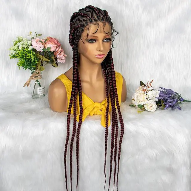 Main image of New Style 36 Inches Synthetic Full Lace Frontal Cornrow Box Braided Wigs with Baby Hair for African Women Braiding Hair Gradient burgundy