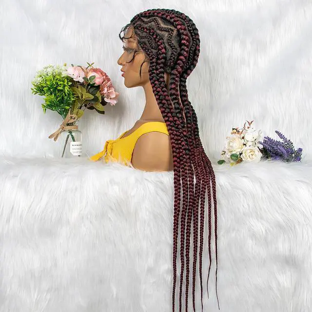 Alt view image 3 of 7 - New Style 36 Inches Synthetic Full Lace Frontal Cornrow Box Braided Wigs with Baby Hair for African Women Braiding Hair Gradient burgundy
