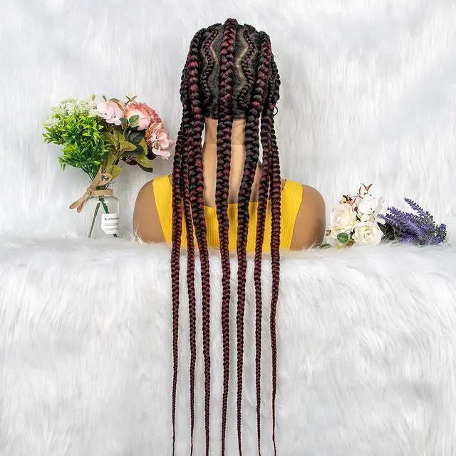 Alt view image 4 of 7 - New Style 36 Inches Synthetic Full Lace Frontal Cornrow Box Braided Wigs with Baby Hair for African Women Braiding Hair Gradient burgundy