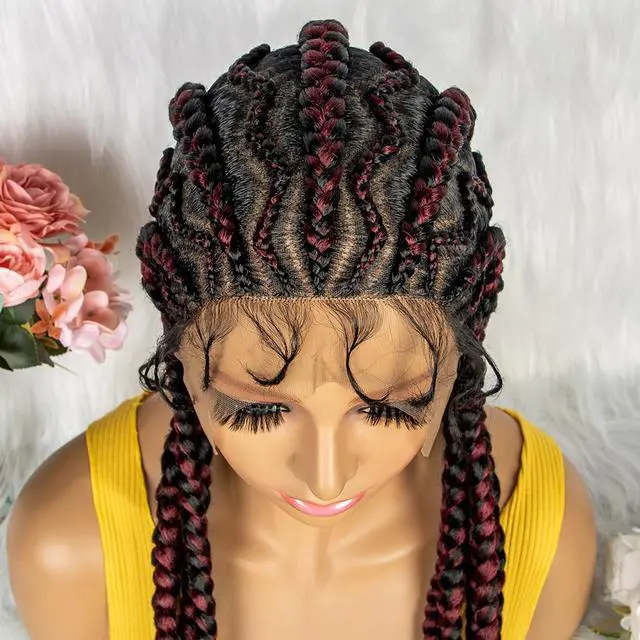 Alt view image 5 of 7 - New Style 36 Inches Synthetic Full Lace Frontal Cornrow Box Braided Wigs with Baby Hair for African Women Braiding Hair Gradient burgundy