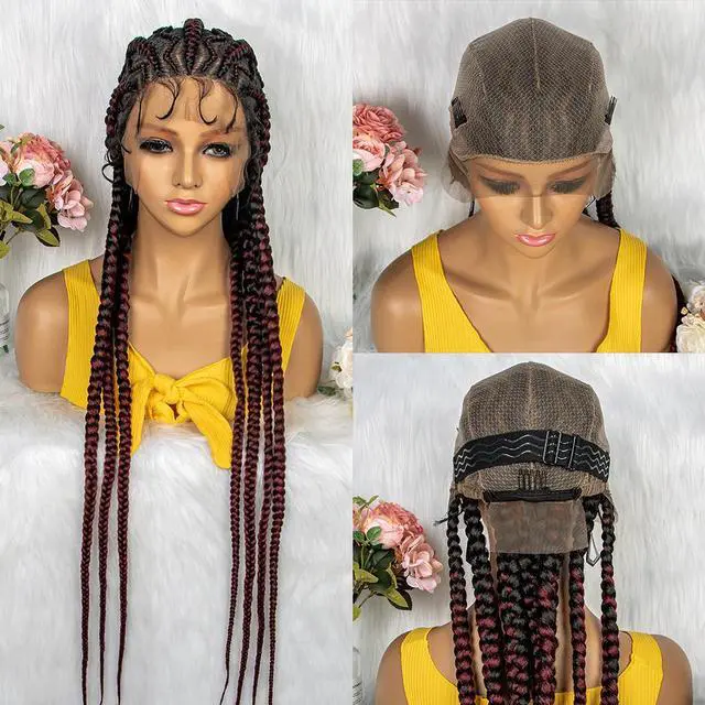 Alt view image 7 of 7 - New Style 36 Inches Synthetic Full Lace Frontal Cornrow Box Braided Wigs with Baby Hair for African Women Braiding Hair Gradient burgundy