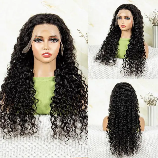Main image of 180% Density 13*4 Lace Front Human Hair Wig Deep Wave Lace Front Human Hair Wigs For Women Deep Curly Pre Plucked With Baby Hair Brazilian Virgin Human Hair Wigs Natural Color 8"