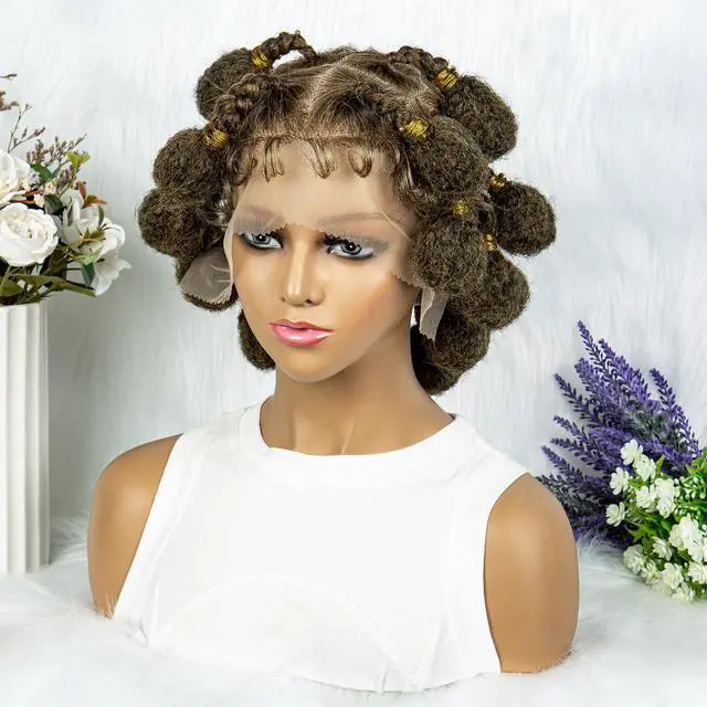 Alt view image 5 of 7 - New Style Bantu Knot Braided Wigs Synthetic HD Full Lace Wig For Women Afrian Braid Braiding Hair Knotless Box Braids Wigs  Gradient Light Brown