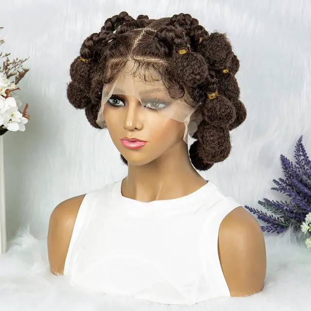 Alt view image 6 of 7 - New Style Bantu Knot Braided Wigs Synthetic HD Full Lace Wig For Women Afrian Braid Braiding Hair Knotless Box Braids Wigs Gradient dark brown