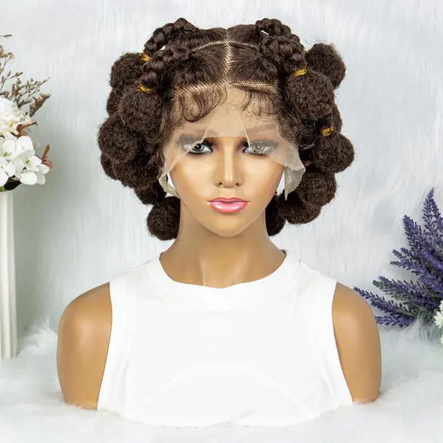 Alt view image 5 of 7 - New Style Bantu Knot Braided Wigs Synthetic HD Full Lace Wig For Women Afrian Braid Braiding Hair Knotless Box Braids Wigs Gradient dark brown